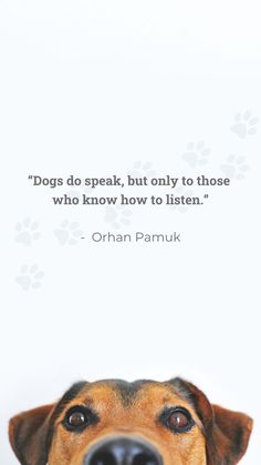 a dog looking up at the camera with a quote above it that says dogs do speak, but only to those who know how to listen