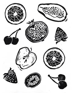 black and white drawing of various fruits