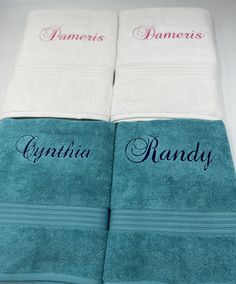 two towels with name on them sitting next to each other