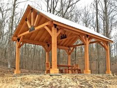 a covered picnic area in the woods