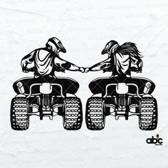 two people riding on four wheelers with their hands in each other's pockets