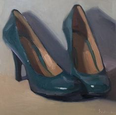 a painting of a pair of blue high heeled shoes sitting on top of a table