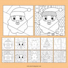 an adult coloring book with four pictures of santa claus and other christmas items in it