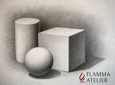 a pencil drawing of two cubes and a ball on a white background with the flame atelier logo