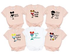 six disney shirts with wine glasses and mickey mouses on them, all in pink