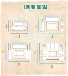 the living room floor plan is shown in three different sizes and colors, including two couches