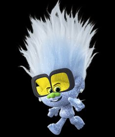 a cartoon character wearing goggles and a furry blue feathered animal with yellow eyes