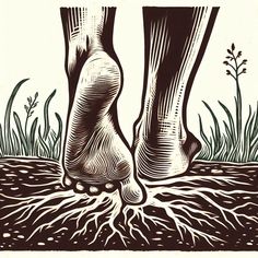 a drawing of a person's feet with roots on the ground