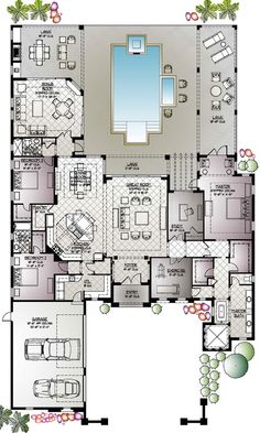 the floor plan for a house with an indoor pool and living room, kitchen and dining area