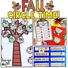 the fall circle time activity is displayed in front of an image of a tree with leaves