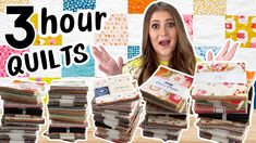 a woman standing in front of a pile of quilts with the words 3 hour quilts