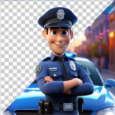 a cartoon police officer standing in front of a blue car with his arms folded out