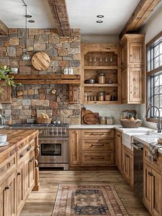 a rustic kitchen with wooden cabinets and stone backsplash, an area rug on the floor