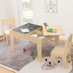 a child's wooden table and chair set in a playroom with toys on the floor