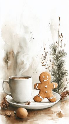 Adorable gingerbread man cookie sitting on a festive plate next to a steaming cup of cocoa, surrounded by holiday decorations, radiating warmth and Christmas cheer. #wallpaper #christmas #background Gingerbread Background, Spiritual Wall Decor, Bible Verse Wall Decor, Scripture Gift, Wallpaper Christmas, Jesus Artwork, Man Cookies, Gifts For Pastors, Gingerbread Man Cookies