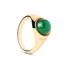 Command attention with a single accessory when you wear this green aventurine ring from PDPAOLA™ at Zales. Sterling silver with 18K gold plate The 8.0mm round green aventurine cabochon solitaire is the focal point of this design Polished tapered shank for comfortable wear Available in select sizes only ICONS collection from PDPAOLA™