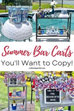 an outdoor bar cart is decorated with red, white and blue decorations