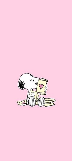 a pink background with a snoopy dog holding a piece of paper in it's paws