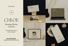 a collage of photos showing the branding and packaging design for a luxury jewelry brand