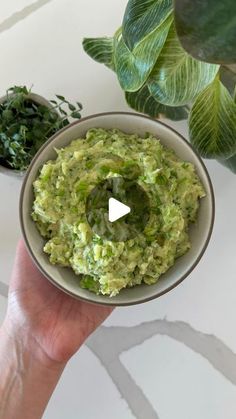 a hand holding a small bowl filled with guacamole next to some plants