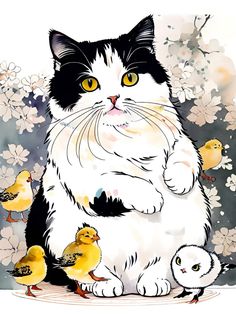 a black and white cat sitting next to chicks