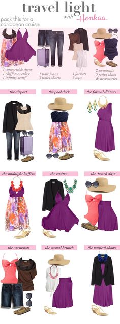 the travel light guide is shown in purple and pink colors, including clothes, hats, luggage