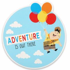 a sticker that says adventure is out there with a cartoon character flying through the air