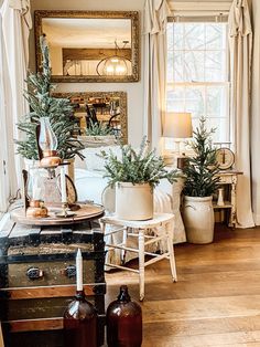 a living room filled with lots of furniture and plants on top of boxes in front of a window