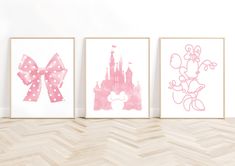 three disney princess posters with pink bows on them