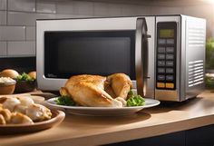 a plate of food sitting on top of a counter next to a microwave