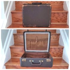 an open suitcase sitting on top of a set of stairs