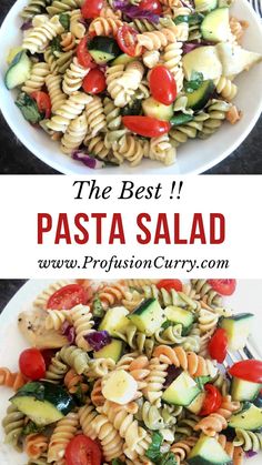 pasta salad with tomatoes, zucchini and cucumbers in it on a white plate