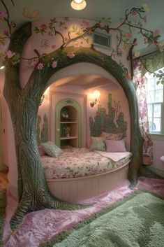 a bedroom with a tree bed in the middle and pink carpet on the floor below