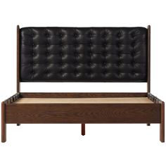 a black leather bed frame with wooden slats