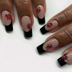 Ladybug Acrylic Nails, Nails Ladybug, Nails Red And Black, Ladybug Nail Art, Red And Black Nails, Acrylic Nail Art, Minimalist Nails