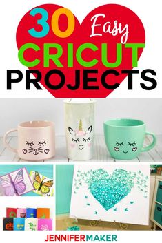 the cover of 30 easy cricut projects with pictures of coffee mugs and other items