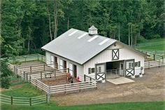 an aerial view of a horse barn