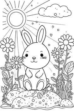 a bunny sitting on the ground with flowers in front of it and sun shining above