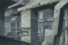 an image of a sci - fi city with lots of windows and stairs in it