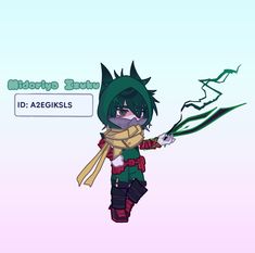 an animated character with green hair and black eyes holding a long stick in her hand