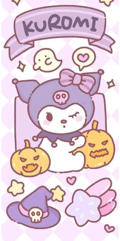 an image of hello kitty with pumpkins and other items in the background that says kuromi