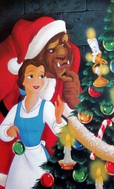 a painting of an animated character next to a christmas tree with other characters around it