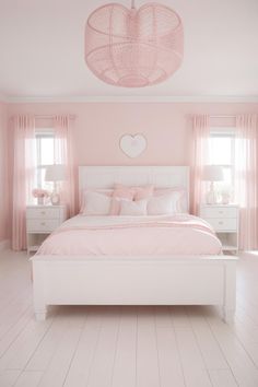 a bedroom with pink walls, white furniture and a heart shaped light fixture above the bed