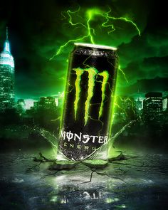 a monster energy drink in the middle of a city with lightning coming out of it