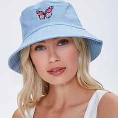 Forever 21 Bucket Hat Denim Style With Butterfly Graphic New Without Tags One Size Casual Blue Adjustable Bucket Hat, Spring Denim Bucket Hat With Short Brim, Spring Denim Blue Cotton Hat, Summer Denim Blue Denim Hat, Summer Denim Blue Hats, Casual Light Blue Brimmed Hat, Casual Light Blue Hats For Spring, Casual Light Blue Hat For Spring, Casual Light Blue Spring Hat