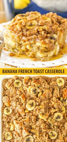 banana french toast casserole on a white plate