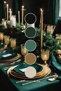 the table is set with green and gold place settings, candles, and napkins