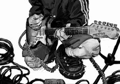 a drawing of a man with a guitar in his hands and headphones around him