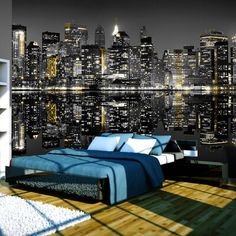 a bedroom with a view of the city lights in the night time wallpaper mural