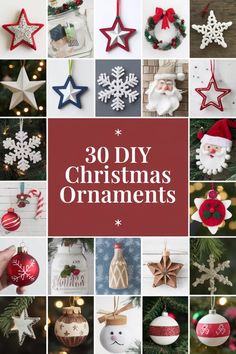 30 DIY Christmas ornaments displayed in a collage, including wreaths, stars, snowflakes, Santa, and various handcrafted decorations. Fabric Christmas Balls Ornaments Ideas, Beautiful Handmade Ornaments, Heart Christmas Ornaments Diy, Quick And Easy Christmas Ornaments To Make, Easy Handmade Ornaments Christmas, Christmas Ornaments Homemade Paper, Ribbon Christmas Ornaments Diy, Tying Ribbon On Ornaments, Homemade Name Ornaments